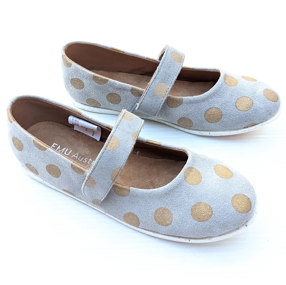 EMU Australia girls spot ballet flats gray suede with gold polkadots